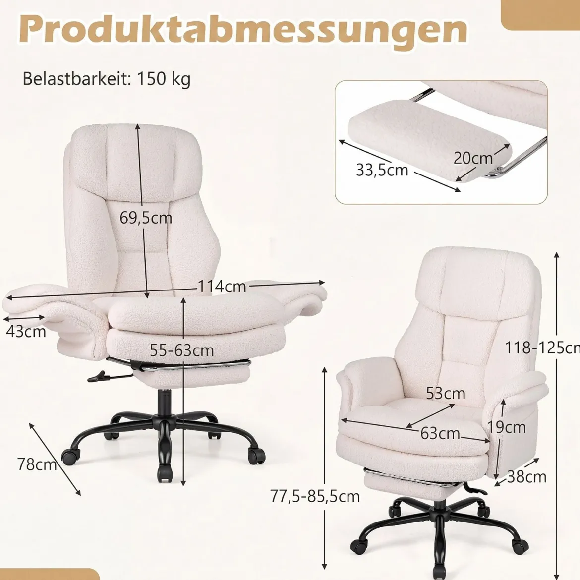 Bürostuhl Ergonomisch Höhenverstellbarer Chefsessel mit 5 Rollen & Ausziehbarer Fußstütze Weiß