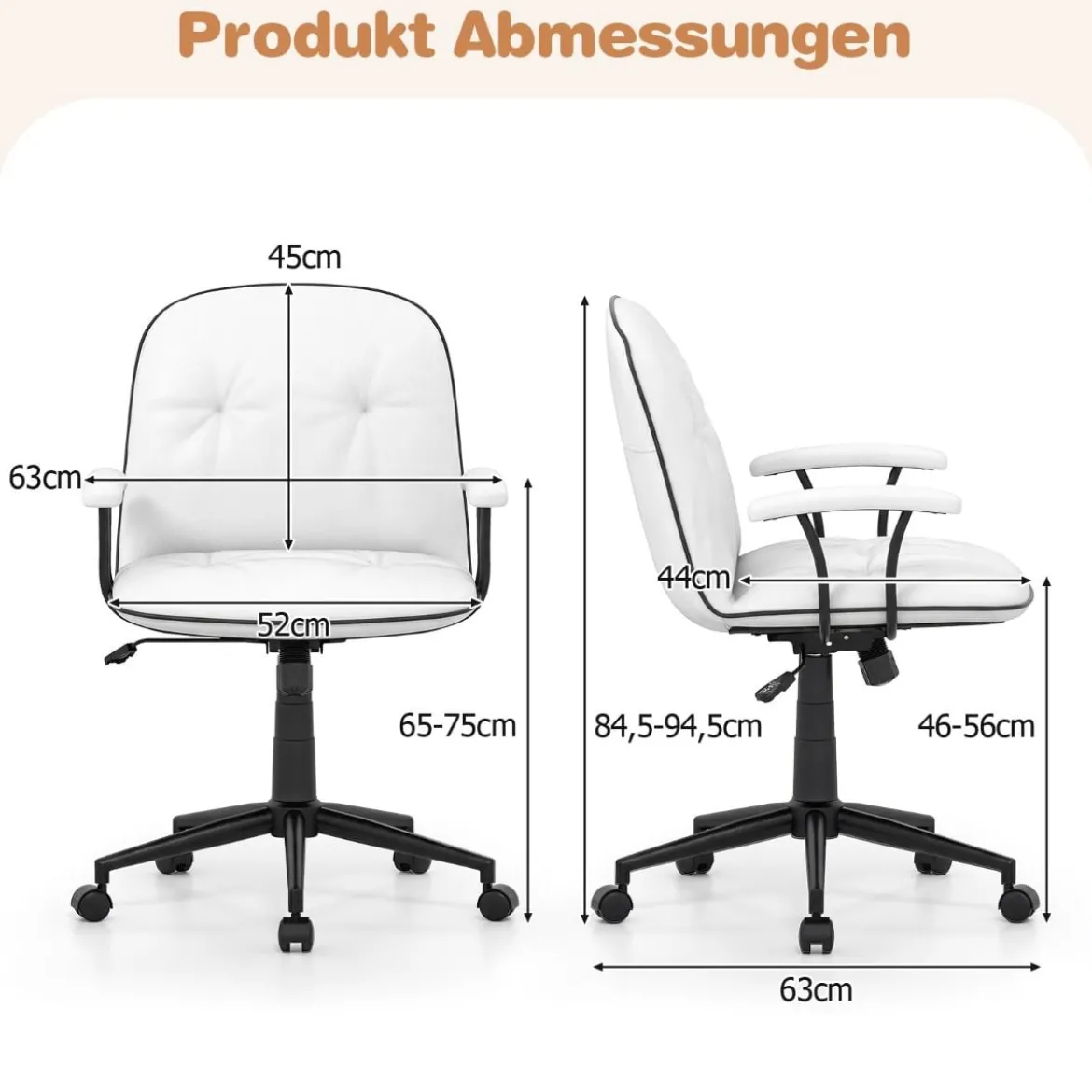 Bürostuhl ergonomischKunstleder Schreibtischstuhl mit gepolsterten Armlehnen & breitem Sitz Weiß