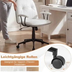 Bürostuhl ergonomischKunstleder Schreibtischstuhl mit gepolsterten Armlehnen & breitem Sitz Weiß