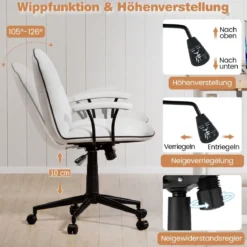 Bürostuhl ergonomischKunstleder Schreibtischstuhl mit gepolsterten Armlehnen & breitem Sitz Weiß