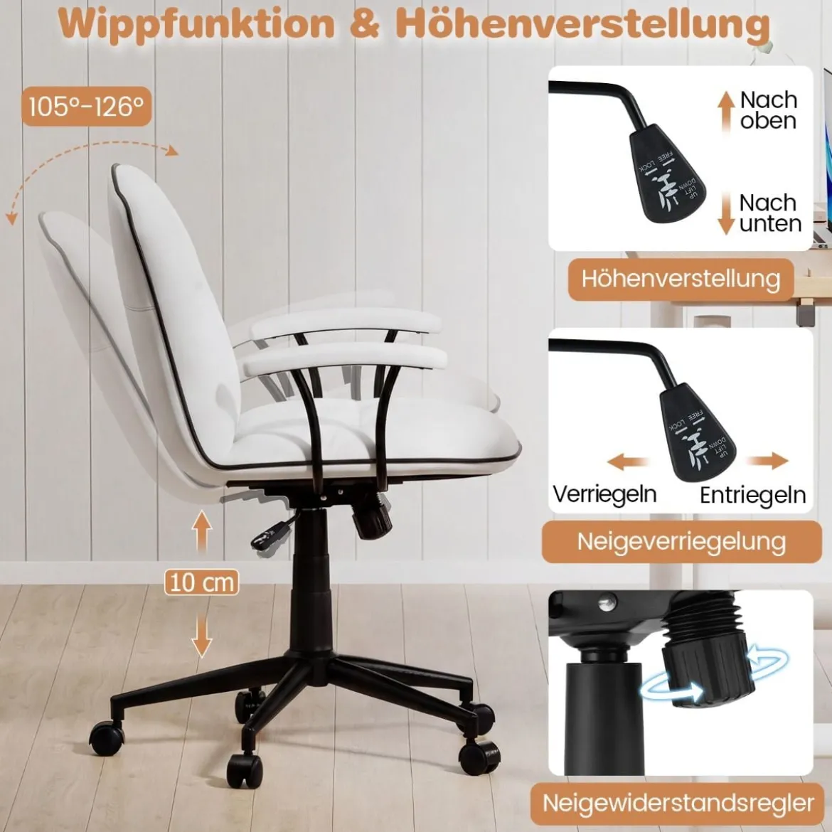Bürostuhl ergonomischKunstleder Schreibtischstuhl mit gepolsterten Armlehnen & breitem Sitz Weiß