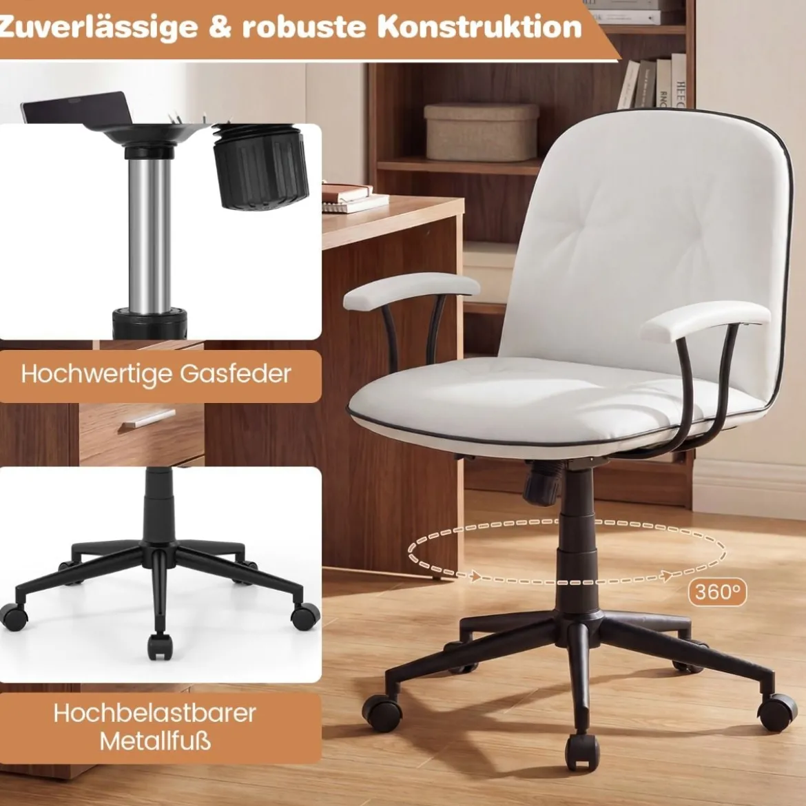 Bürostuhl ergonomischKunstleder Schreibtischstuhl mit gepolsterten Armlehnen & breitem Sitz Weiß