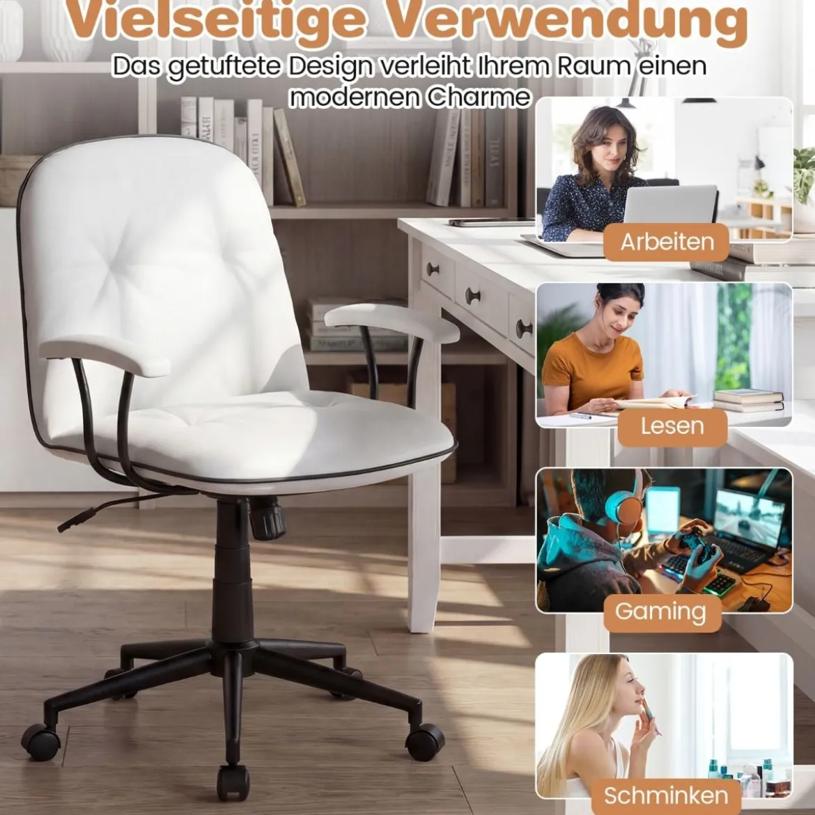 Bürostuhl ergonomischKunstleder Schreibtischstuhl mit gepolsterten Armlehnen & breitem Sitz Weiß