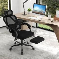 Bürostuhl ergonomisch mit einziehbarer Fußstütze Schreibtischstuhl mit Verstellbarer Rückenlehne Drehstuhl für Zuhause