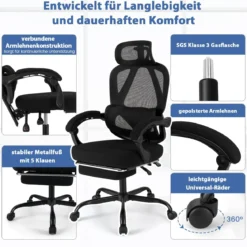 Bürostuhl ergonomisch mit einziehbarer Fußstütze Schreibtischstuhl mit Verstellbarer Rückenlehne Drehstuhl für Zuhause