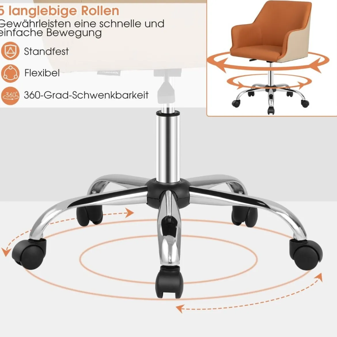 Bürostuhl für Zuhause aus Kunstleder mit 5 Rädern Drehstuhl mit Rückenlehne Braun
