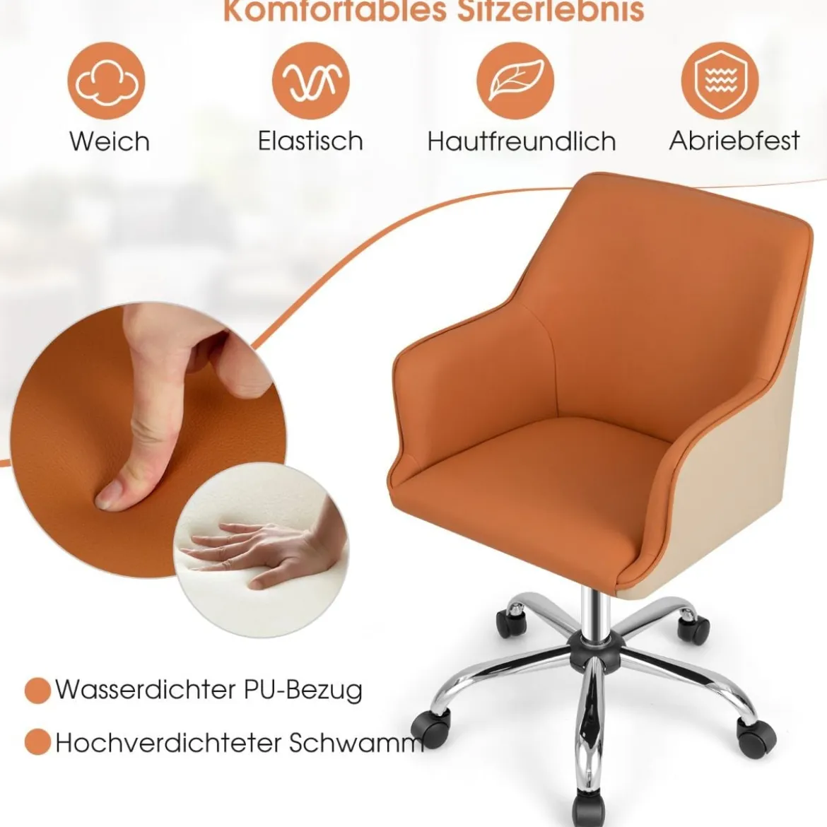 Bürostuhl für Zuhause aus Kunstleder mit 5 Rädern Drehstuhl mit Rückenlehne Braun
