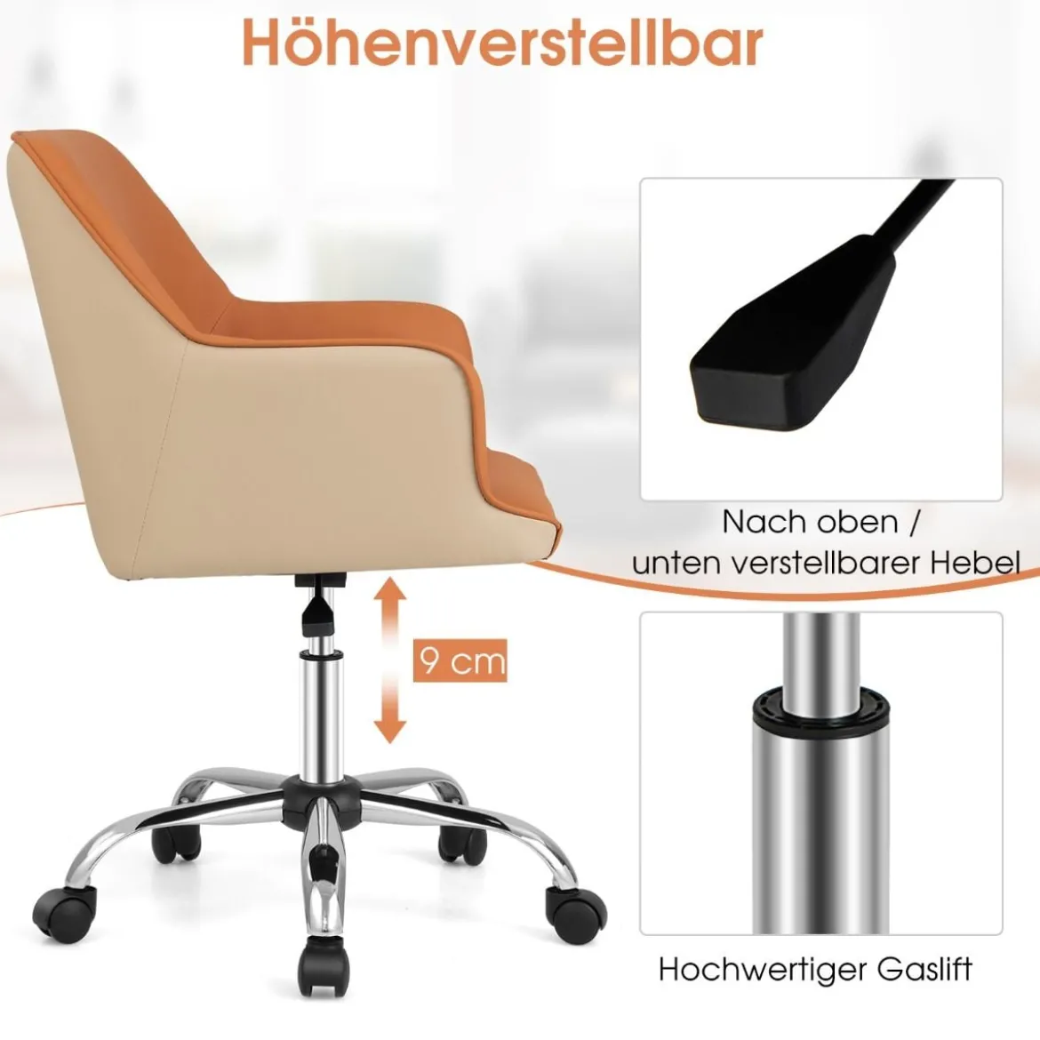 Bürostuhl für Zuhause aus Kunstleder mit 5 Rädern Drehstuhl mit Rückenlehne Braun