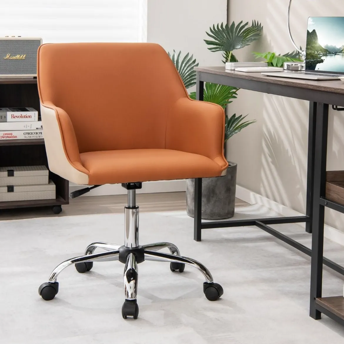 Bürostuhl für Zuhause aus Kunstleder mit 5 Rädern Drehstuhl mit Rückenlehne Braun