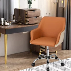 Bürostuhl für Zuhause aus Kunstleder mit 5 Rädern Drehstuhl mit Rückenlehne Braun