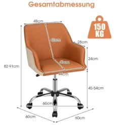 Bürostuhl für Zuhause aus Kunstleder mit 5 Rädern Drehstuhl mit Rückenlehne Braun