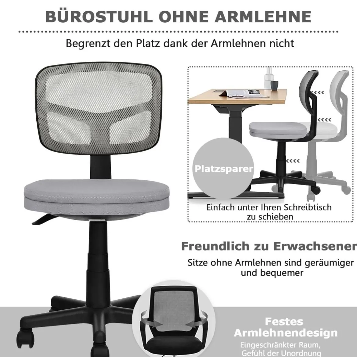 Bürostuhl höhenverstellbarer Computerstuhl 360° drehbar 50 x 50 x 79-91 cm Grau