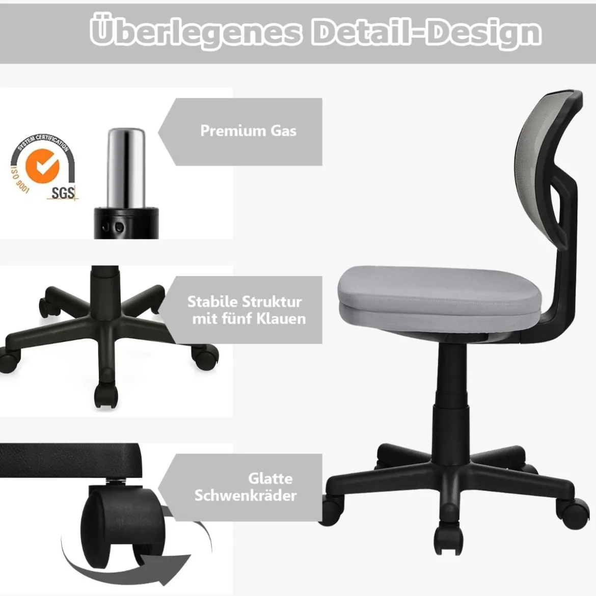 Bürostuhl höhenverstellbarer Computerstuhl 360° drehbar 50 x 50 x 79-91 cm Grau
