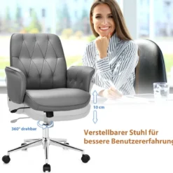 Bürostuhl Kunstleder Ergonomischer Schreibtischstuhl Höhenverstellbarer Drehstuhl Grau