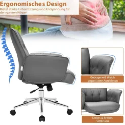 Bürostuhl Kunstleder Ergonomischer Schreibtischstuhl Höhenverstellbarer Drehstuhl Grau