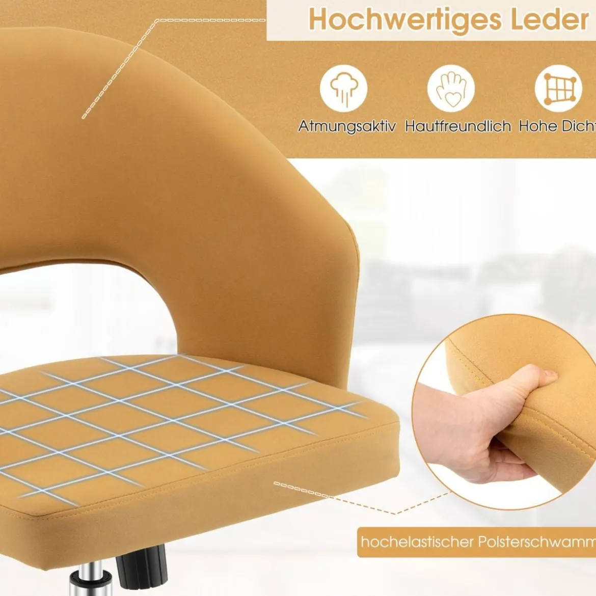 Bürostuhl mit gebogener Rückenlehne Drehstuhl mit mittlerer Rückenlehne und Schaukelmodus Gelb