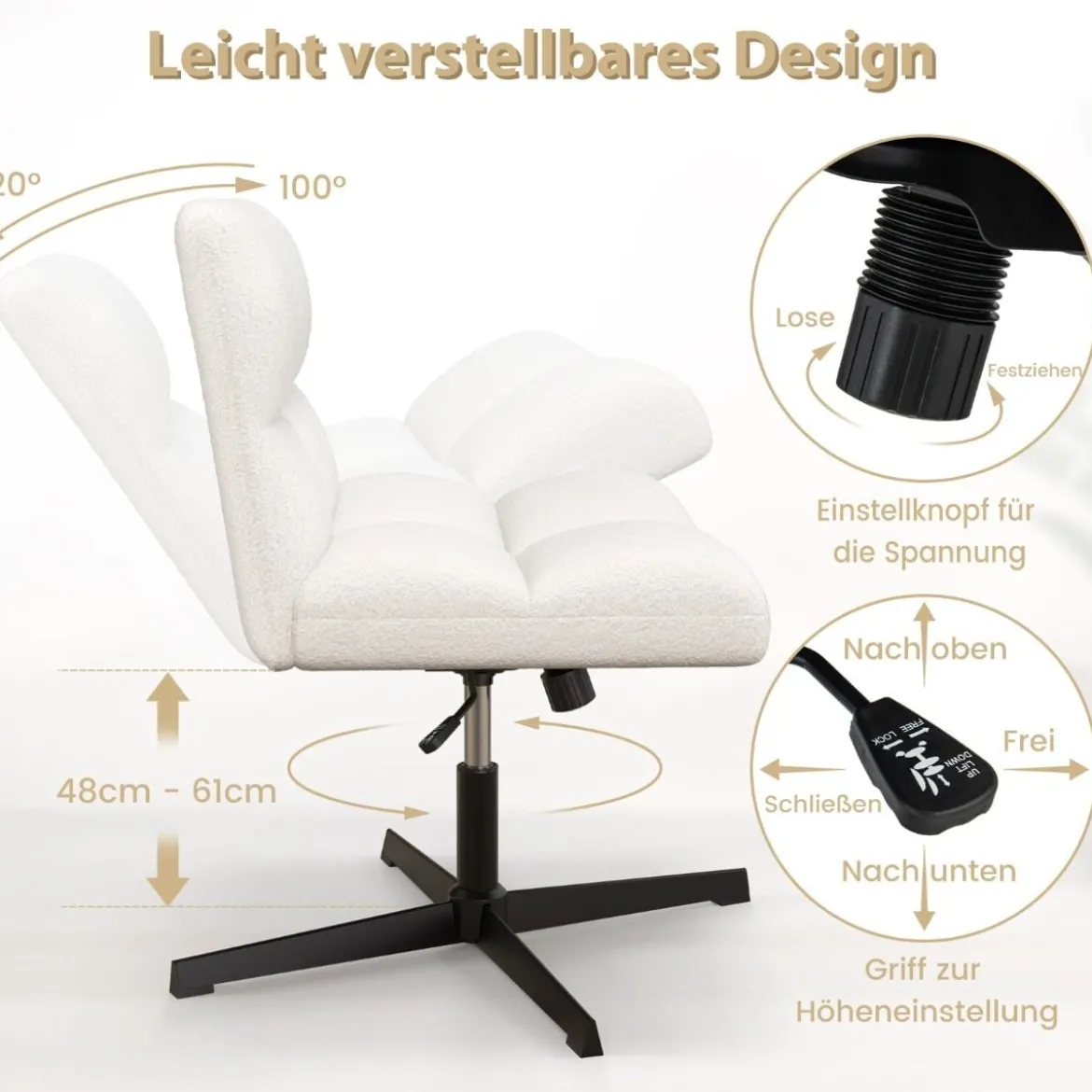 Bürostuhl mit Lammfellimitat & Breitem Sitz & Wippfunktion Höhenverstellbarer Schreibtischstuhl