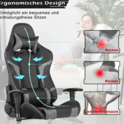 Bürostuhl mit Lendenkissen & Kopfstütze Ergonomischer Gaming Stuhl Schwarz + Grau