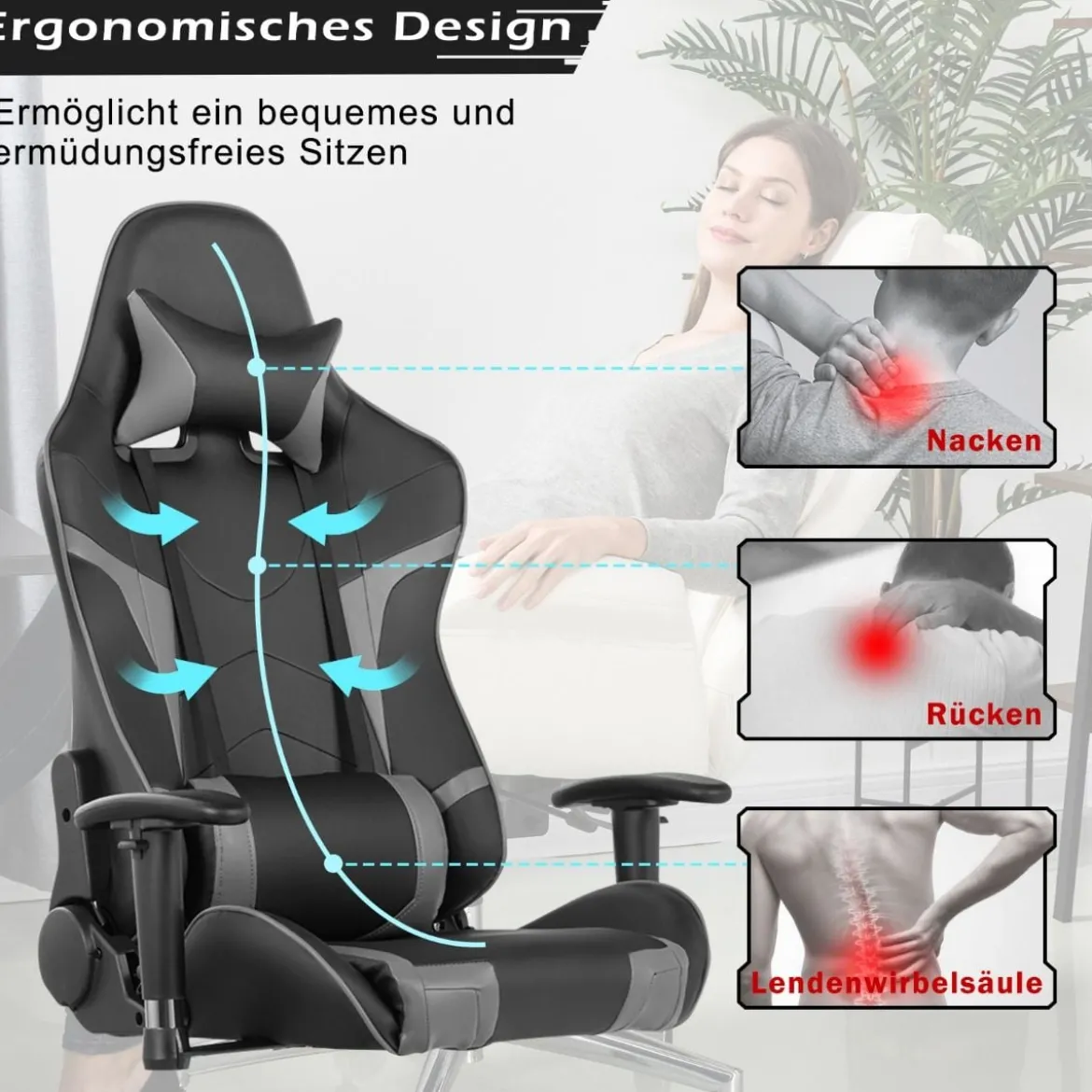Bürostuhl mit Lendenkissen & Kopfstütze Ergonomischer Gaming Stuhl Schwarz + Grau