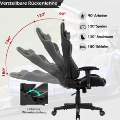 Bürostuhl mit Lendenkissen & Kopfstütze Ergonomischer Gaming Stuhl Schwarz + Grau
