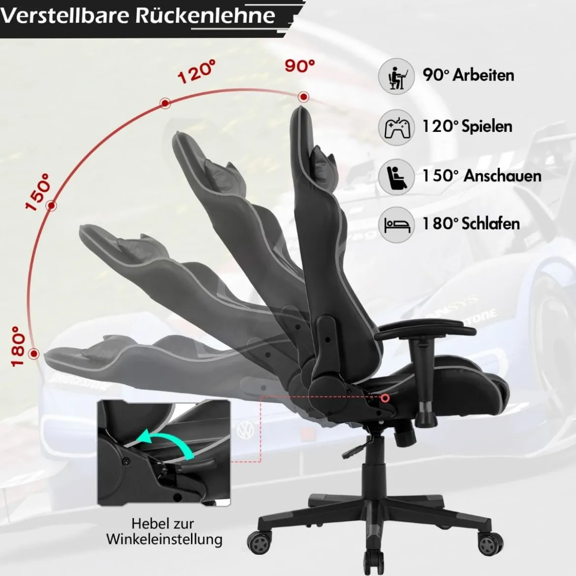 Bürostuhl mit Lendenkissen & Kopfstütze Ergonomischer Gaming Stuhl Schwarz + Grau