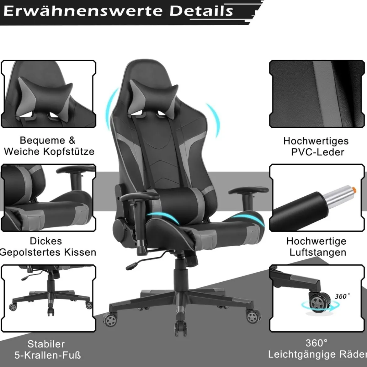Bürostuhl mit Lendenkissen & Kopfstütze Ergonomischer Gaming Stuhl Schwarz + Grau