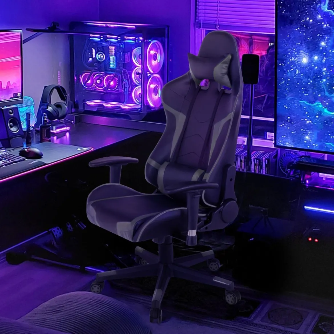 Bürostuhl mit Lendenkissen & Kopfstütze Ergonomischer Gaming Stuhl Schwarz + Grau