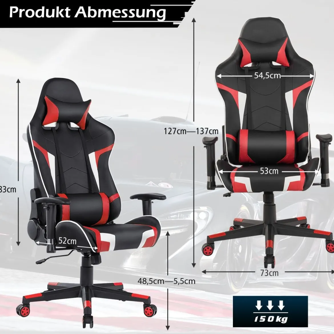 Bürostuhl mit Lendenkissen & Kopfstütze Ergonomischer Gaming Stuhl Schwarz + Rot