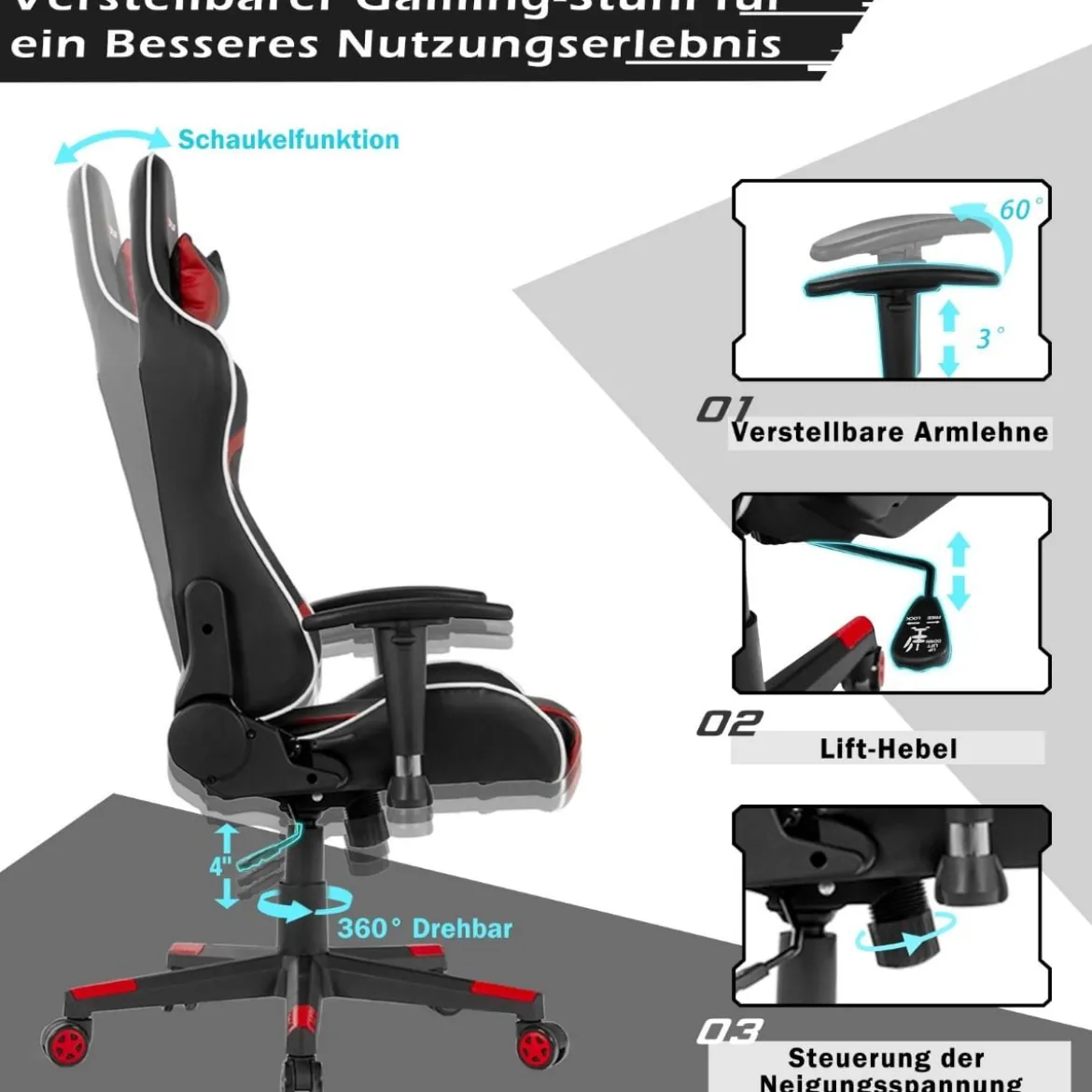Bürostuhl mit Lendenkissen & Kopfstütze Ergonomischer Gaming Stuhl Schwarz + Rot