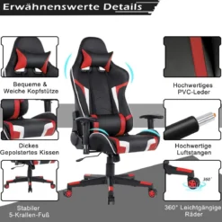 Bürostuhl mit Lendenkissen & Kopfstütze Ergonomischer Gaming Stuhl Schwarz + Rot