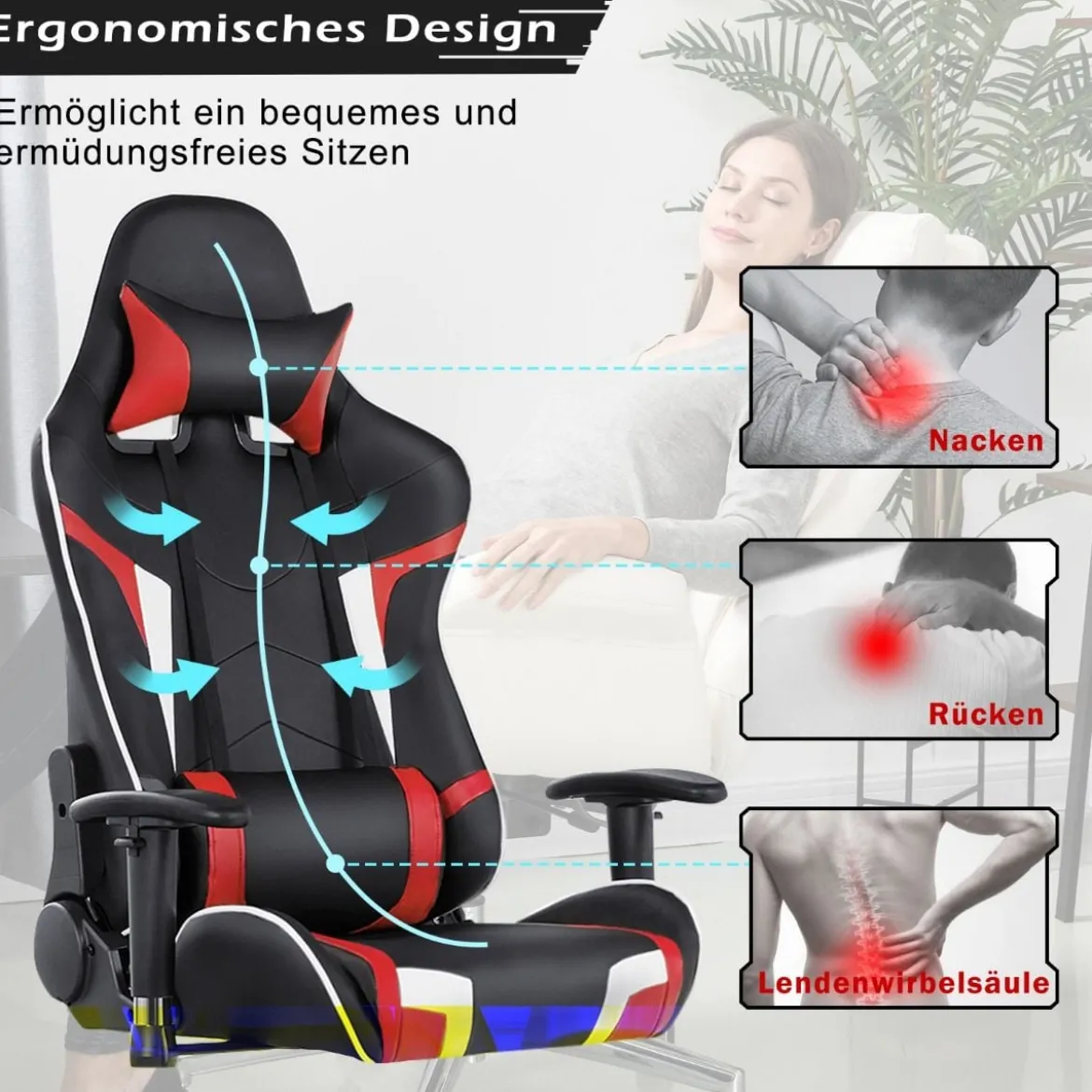 Bürostuhl mit Lendenkissen & Kopfstütze Ergonomischer Gaming Stuhl Schwarz + Rot