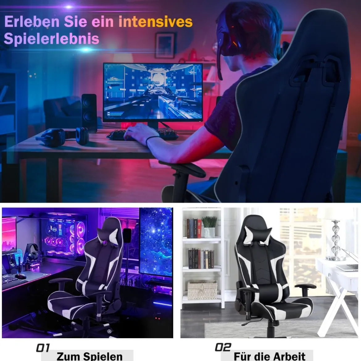 Bürostuhl mit Lendenkissen & Kopfstütze Ergonomischer Gaming Stuhl Schwarz + Weiß