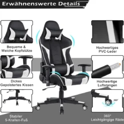 Bürostuhl mit Lendenkissen & Kopfstütze Ergonomischer Gaming Stuhl Schwarz + Weiß