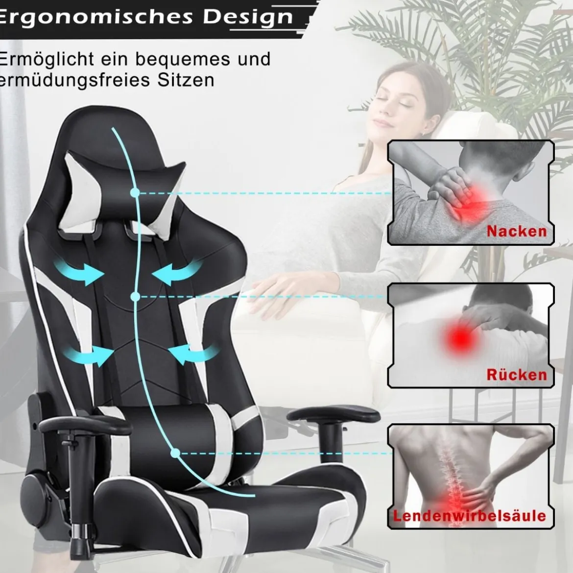 Bürostuhl mit Lendenkissen & Kopfstütze Ergonomischer Gaming Stuhl Schwarz + Weiß