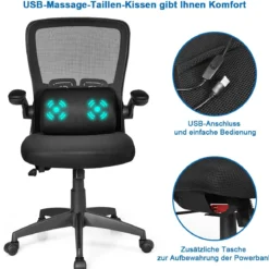 Bürostuhl mit Massagefunktion Höhenverstellbar Ergonomischer Schreibtischstuhl Drehstuhl mit Rückenlehne Schwarz
