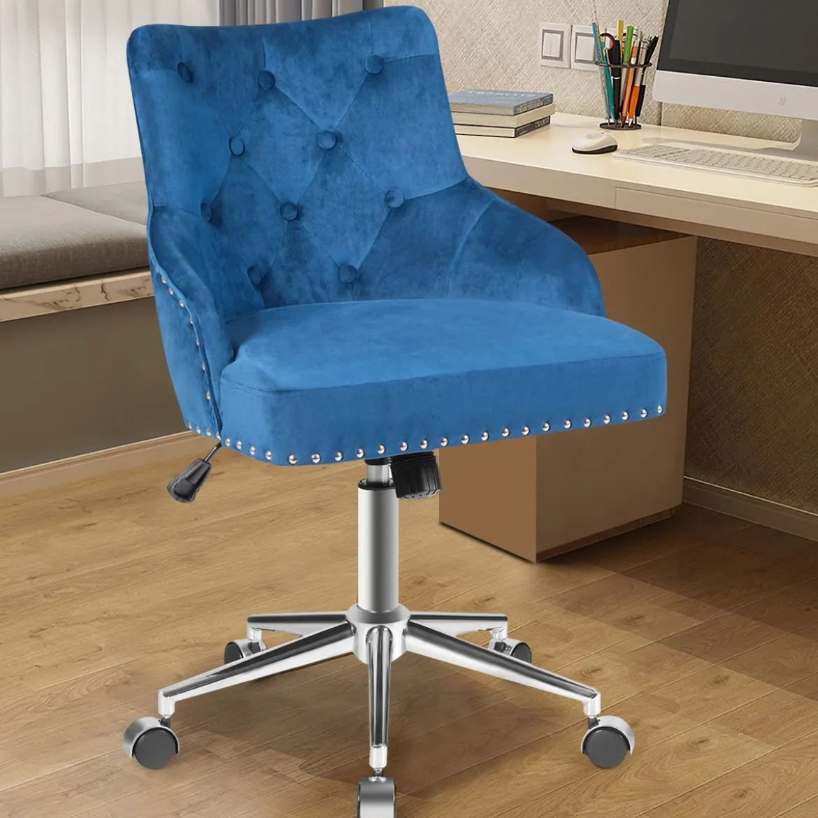 Bürostuhl mit Rädern für Zuhause 360° Schwenkbarer Empfangsstuhl 59,5 x 57 x 84 - 98 cm Blau