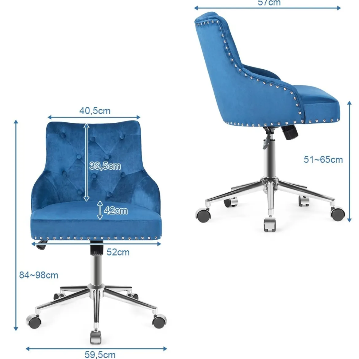 Bürostuhl mit Rädern für Zuhause 360° Schwenkbarer Empfangsstuhl 59,5 x 57 x 84 - 98 cm Blau
