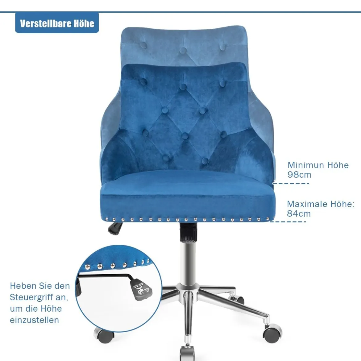 Bürostuhl mit Rädern für Zuhause 360° Schwenkbarer Empfangsstuhl 59,5 x 57 x 84 - 98 cm Blau