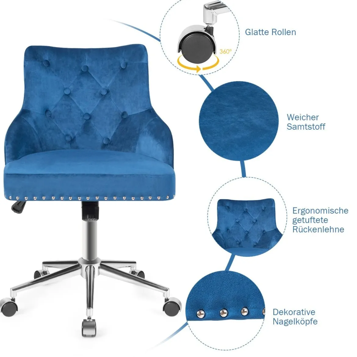 Bürostuhl mit Rädern für Zuhause 360° Schwenkbarer Empfangsstuhl 59,5 x 57 x 84 - 98 cm Blau
