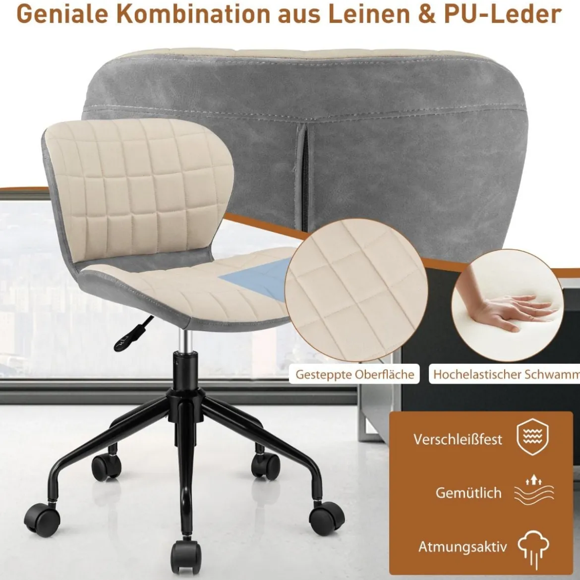 Bürostuhl Moderner Drehstuhl im Stil der Mitte des Jahrhunderts Beige + Grau