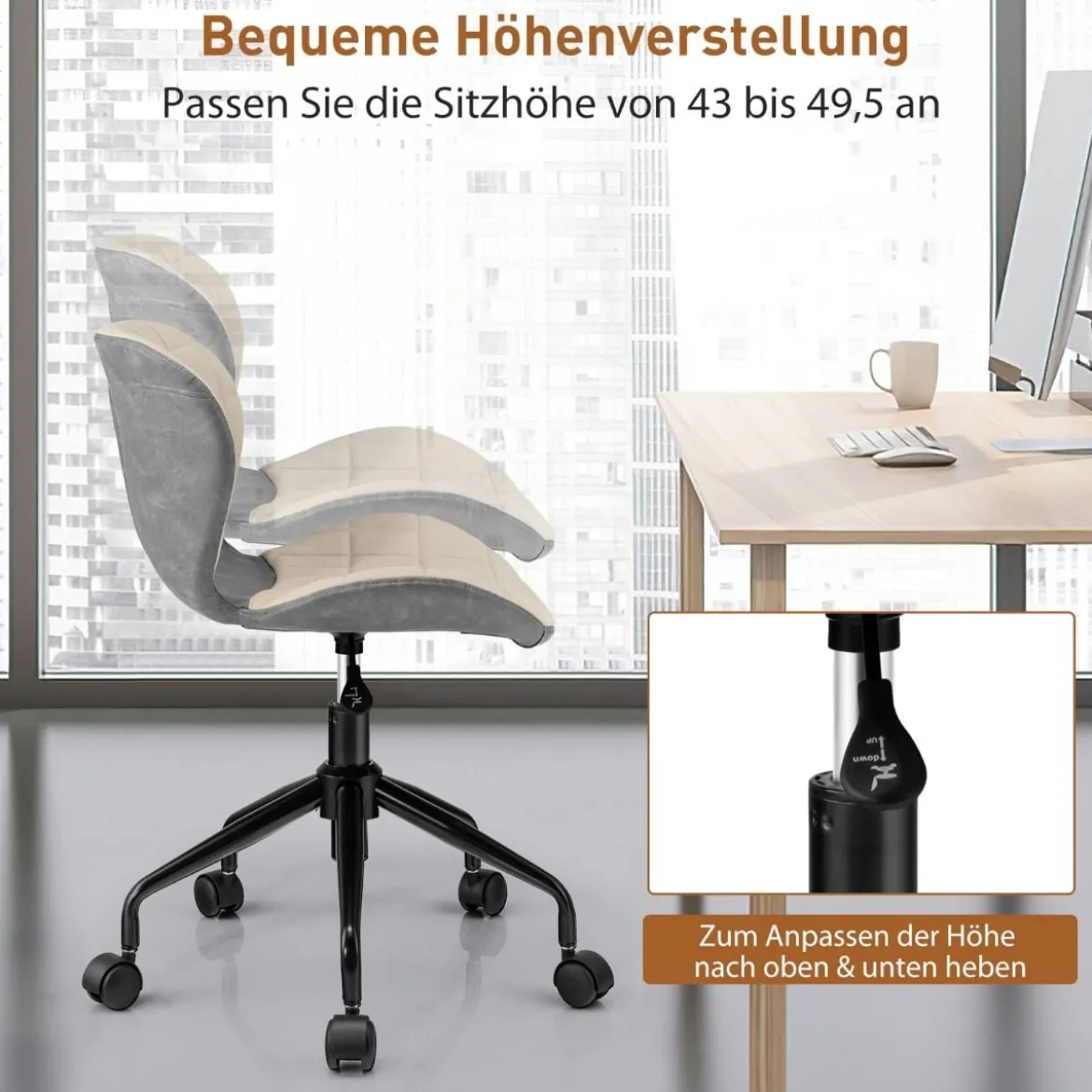 Bürostuhl Moderner Drehstuhl im Stil der Mitte des Jahrhunderts Beige + Grau