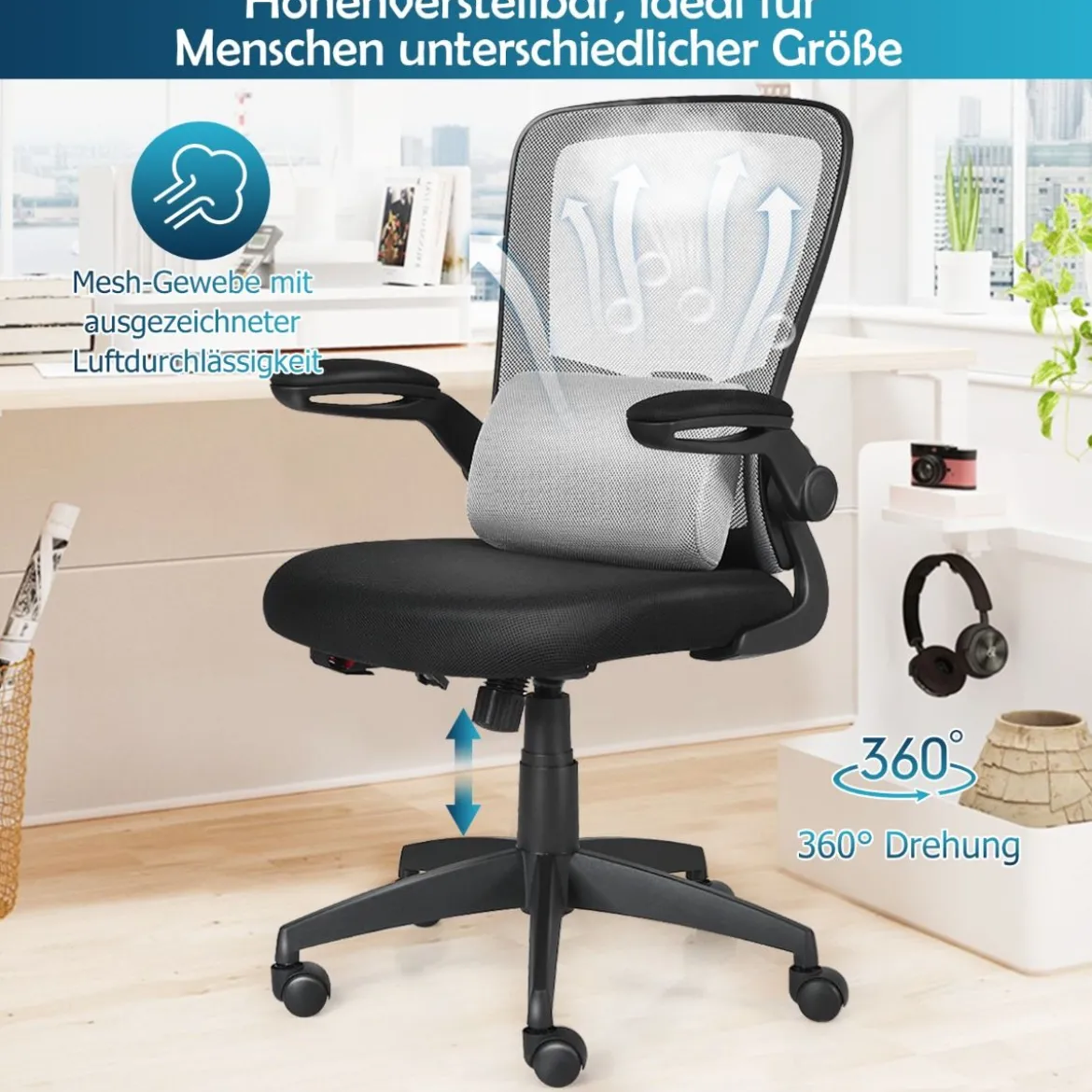 Bürostuhl Netzstoff Drehstuhl mit Lendenwirbelstütze 61 x 61 x 98 - 106 cm Grau