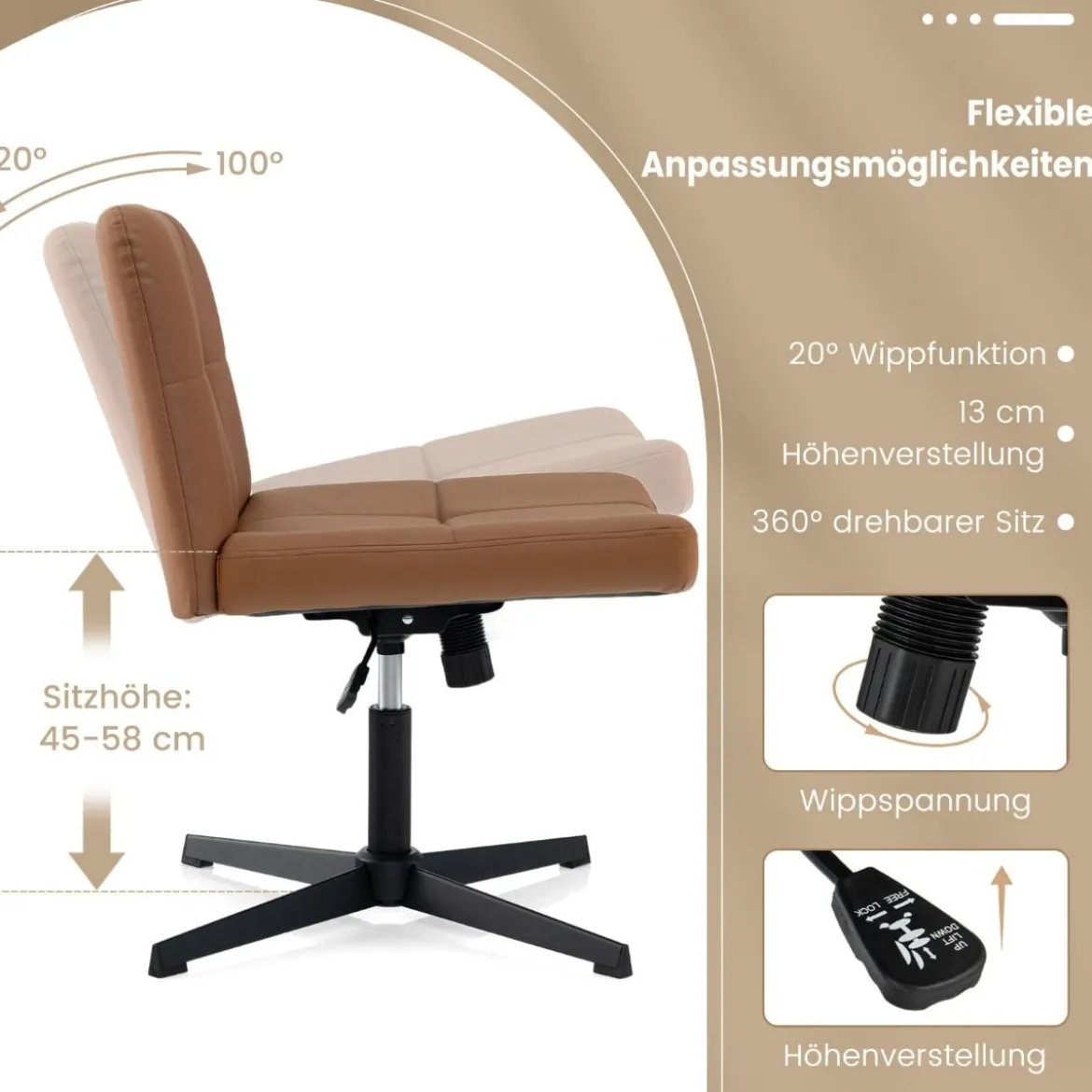 Bürostuhl ohne Armlehnen Schreibtischstuhl mit breitem Sitz & Wippfunktion Kunstleder für Heimbüro Braun/Beige
