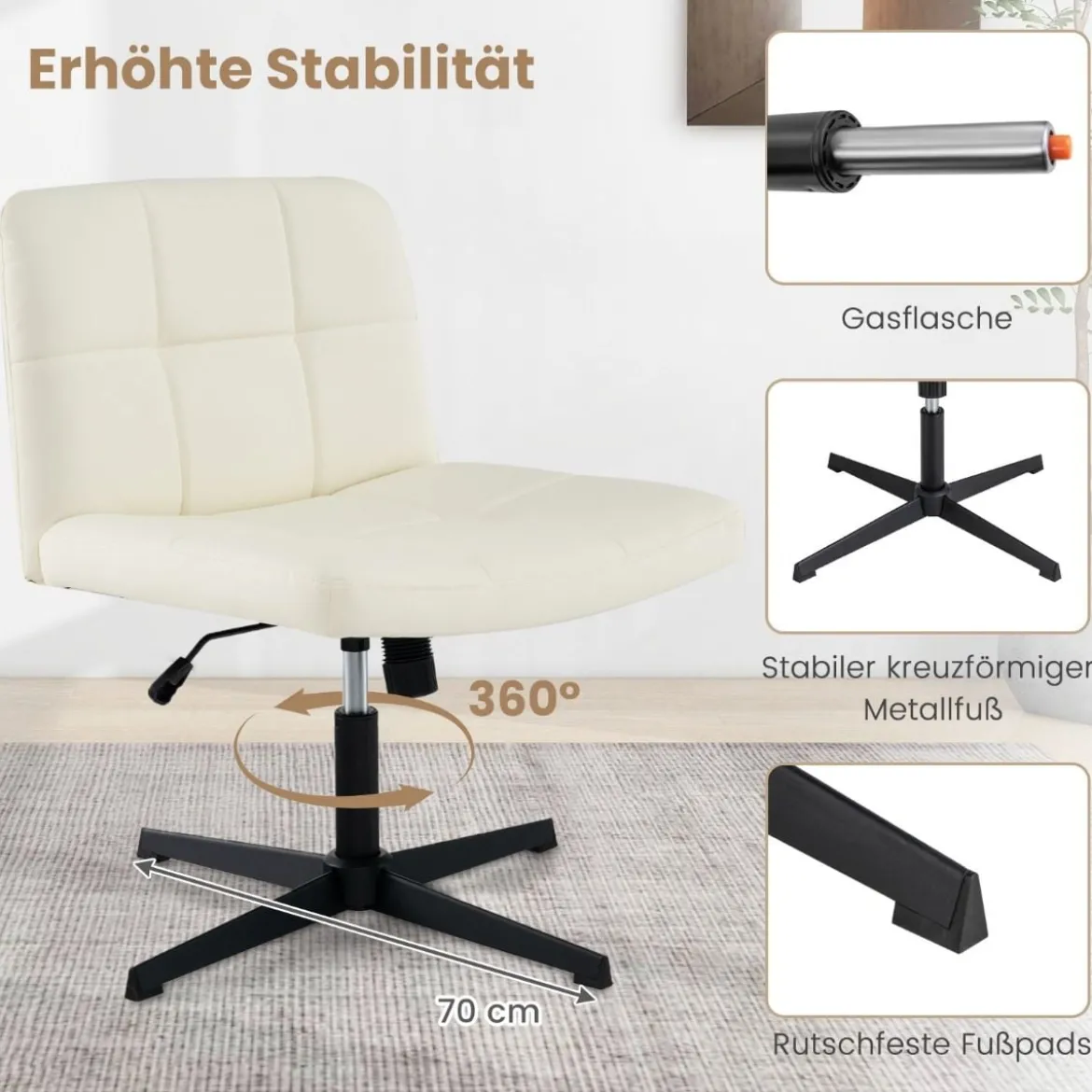 Bürostuhl ohne Armlehnen Schreibtischstuhl mit breitem Sitz & Wippfunktion Kunstleder für Heimbüro Braun/Beige