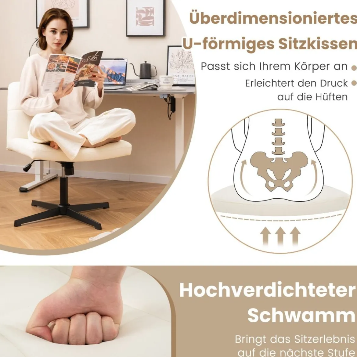 Bürostuhl ohne Armlehnen Schreibtischstuhl mit breitem Sitz & Wippfunktion Kunstleder für Heimbüro Braun/Beige