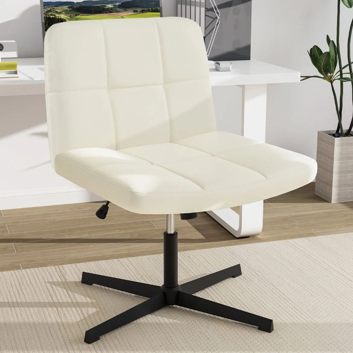 Bürostuhl ohne Armlehnen Schreibtischstuhl mit breitem Sitz & Wippfunktion Kunstleder für Heimbüro Braun/Beige