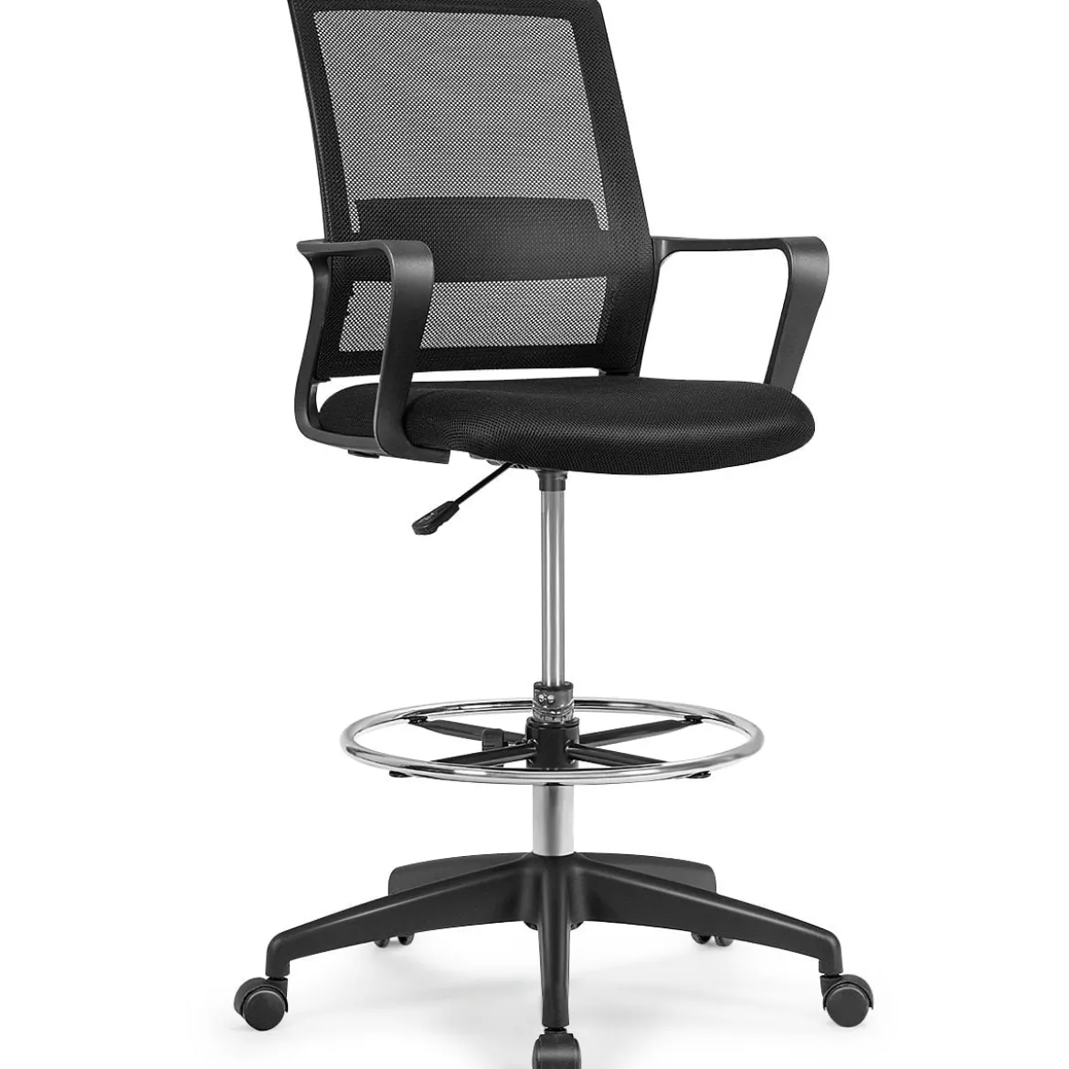 Bürostuhl Zeichenstuhl aus Netzstoff Hoher Bürostuhl mit verstellbarem Fußring Schwarz