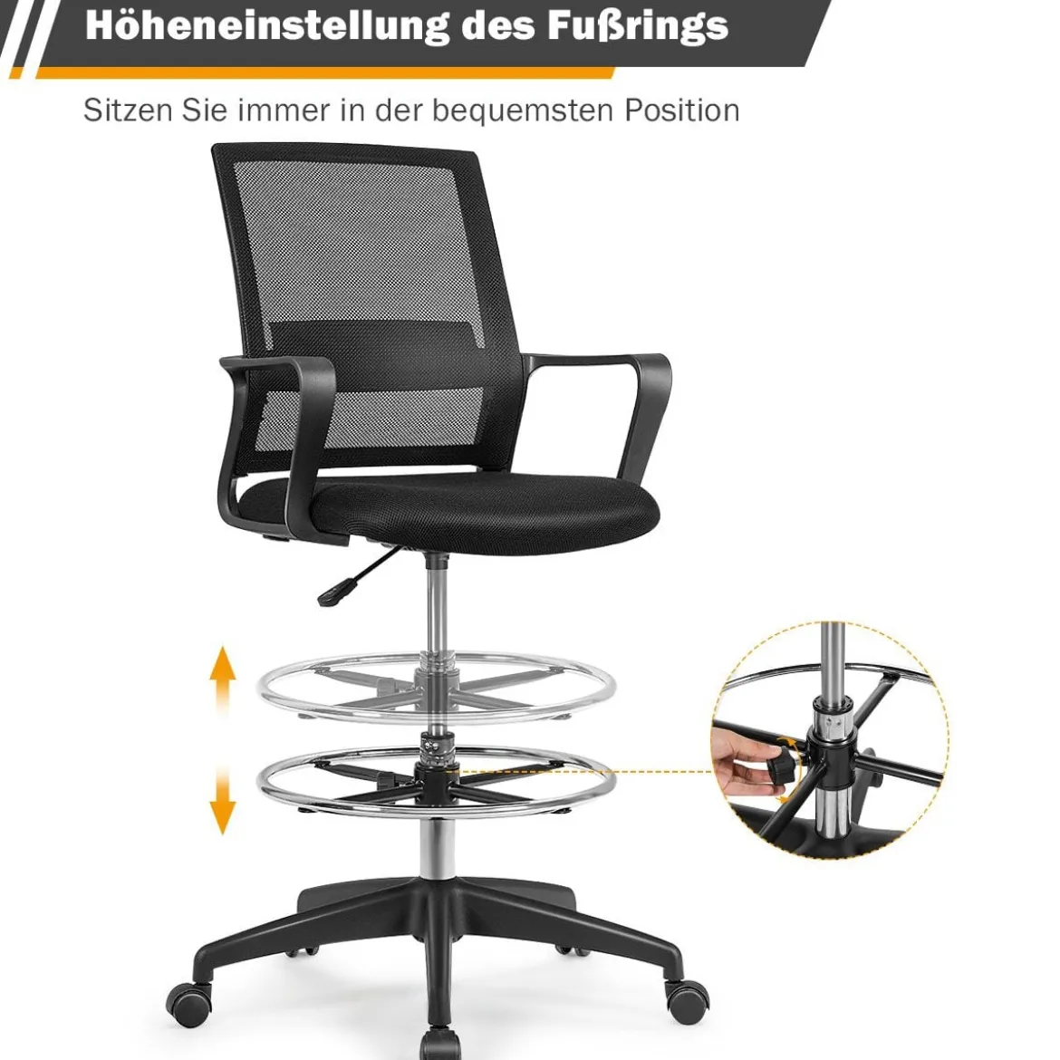 Bürostuhl Zeichenstuhl aus Netzstoff Hoher Bürostuhl mit verstellbarem Fußring Schwarz