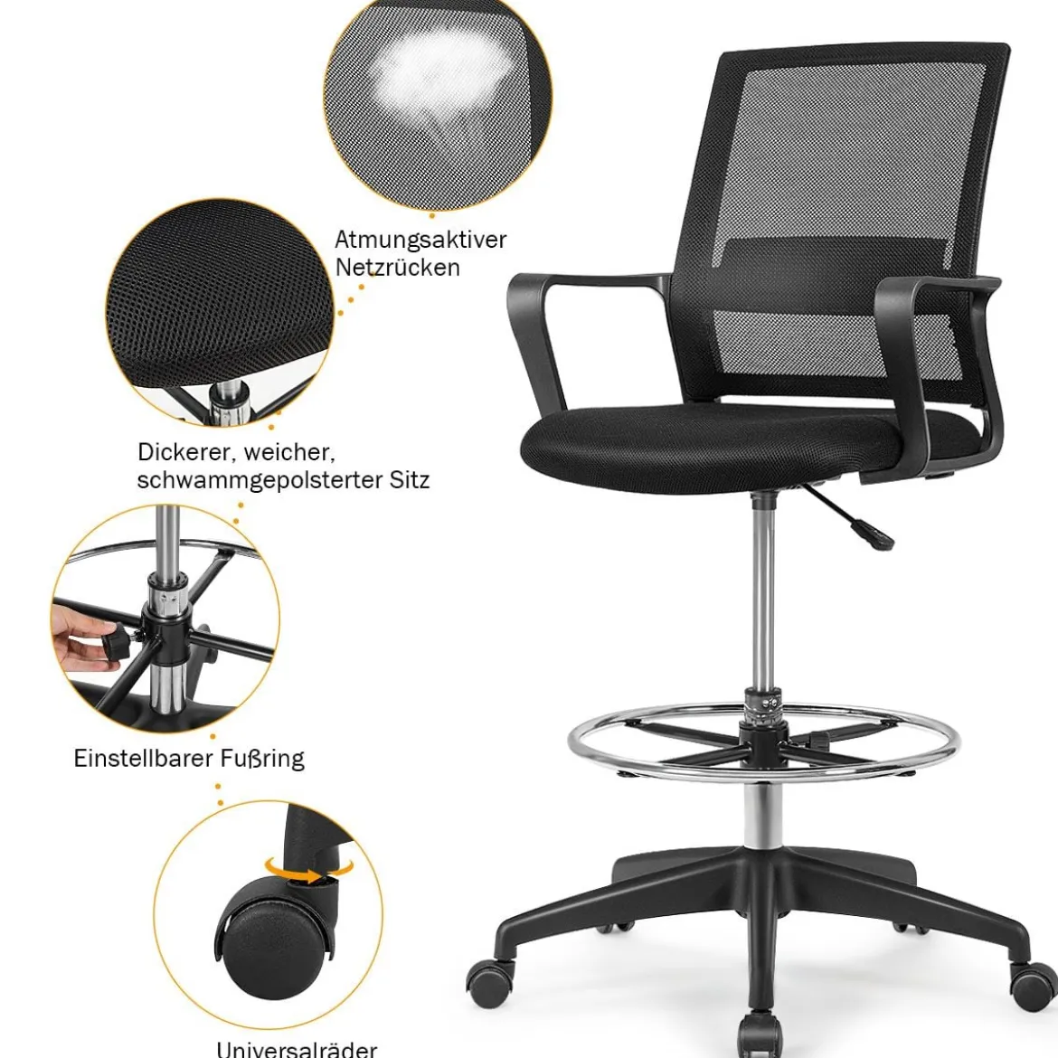 Bürostuhl Zeichenstuhl aus Netzstoff Hoher Bürostuhl mit verstellbarem Fußring Schwarz