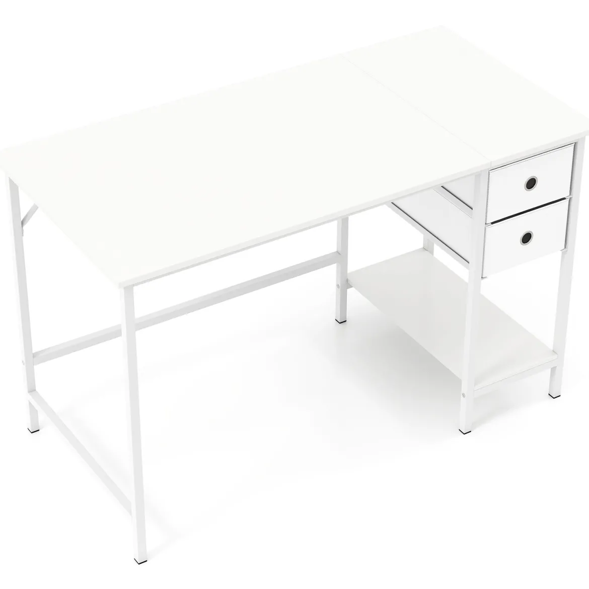Bürotisch Computertisch mit 2 Stoffschubladen & Regal Arbeitstisch mit Metallrahmen Weiß 120 x 60 x 75cm
